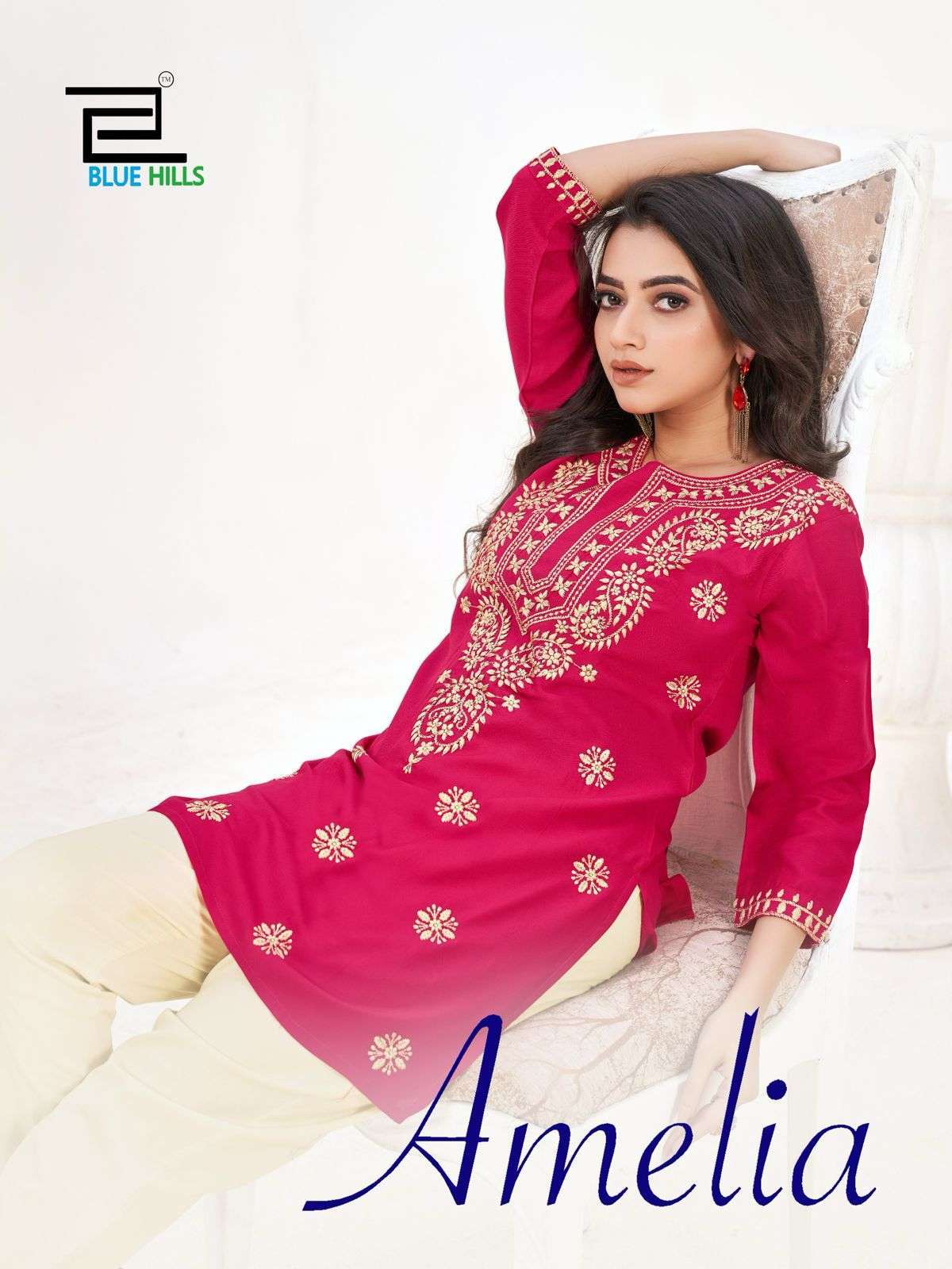 BLUE HILLS AMELIA FANCY RAYON PRINTED WITH LUCKNOWI WORK KURTI WHOLESALER 