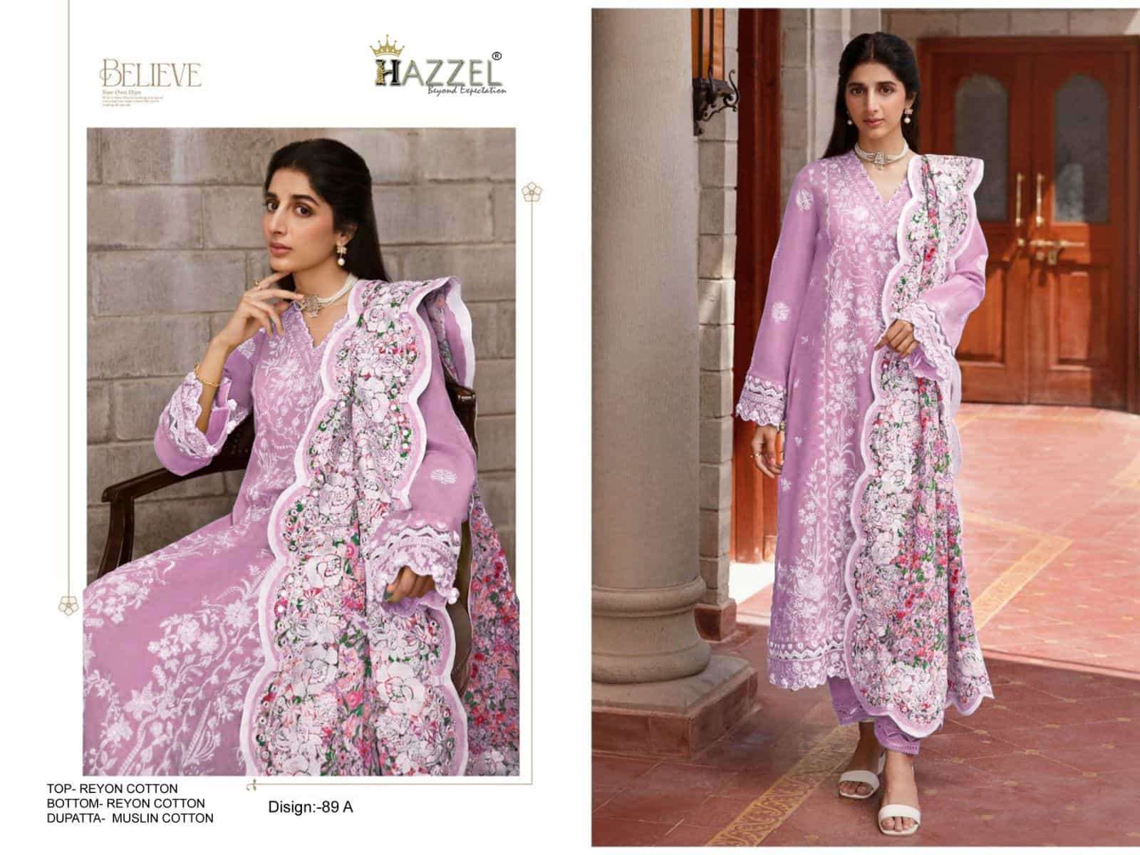 HAZZEL 89 COLOURS DESIGNER EMBRODERY WORK RAYON PAKISTANI SUIT WHOLESALER 