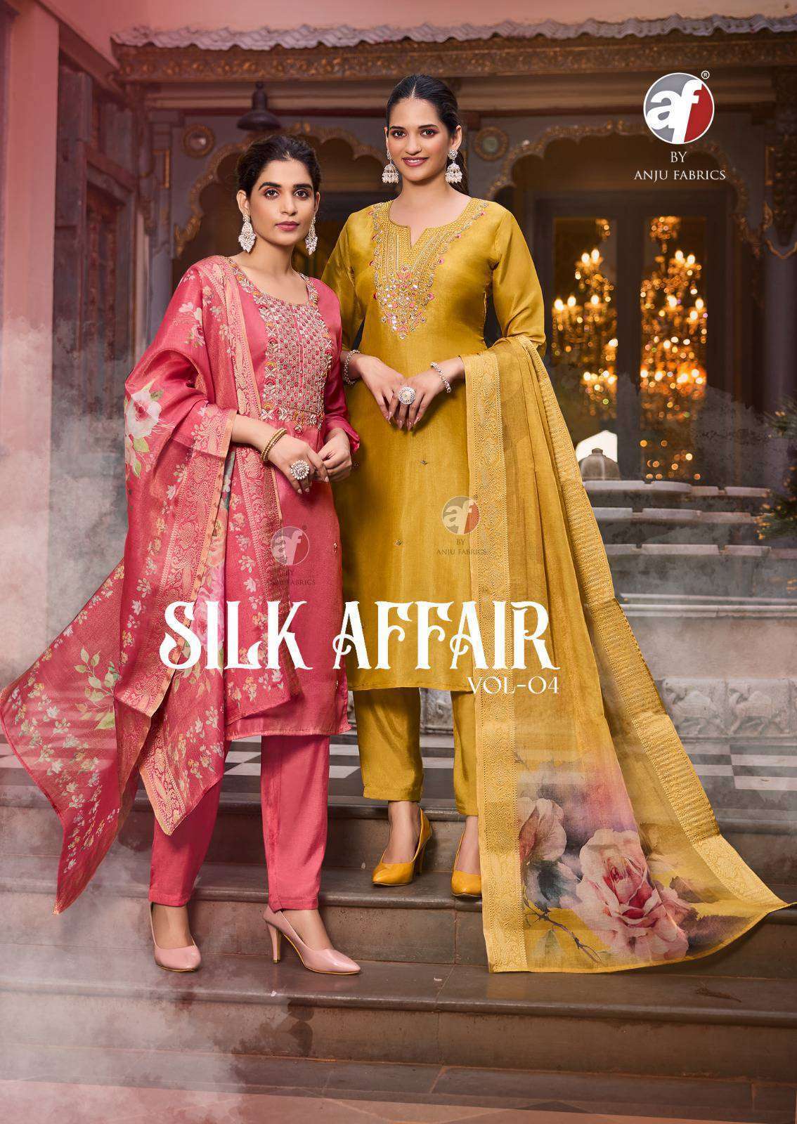 ANJU FABRICS SILK AFFAIR VOL 4 SHIMMER SILK  THREE PCS DESIGNER KURTI WHOLESALER IN INDIA