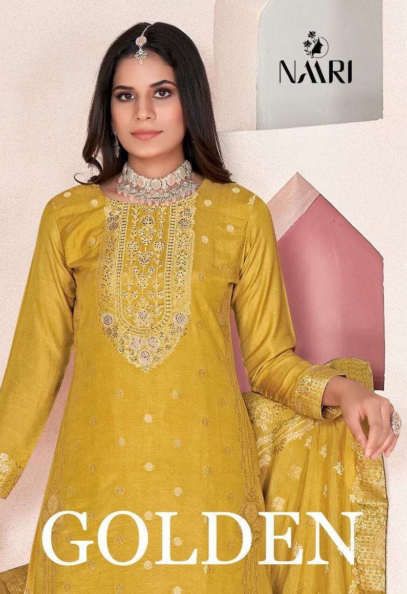 NAARI GOLDEN PURE MUSLIN JACQUARD PARTY WEAR SALWAR KAMEEZ CATALOGUE SUPPLIER 