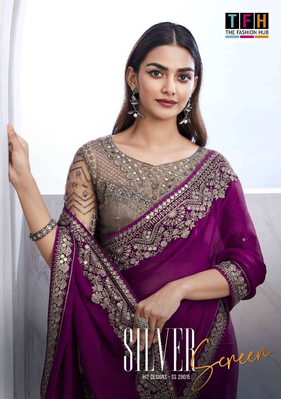 TFH 29015 COLOURS FANCY CHIFFON SILK PARTY WEAR SAREE EXPORTER IN INDIA 