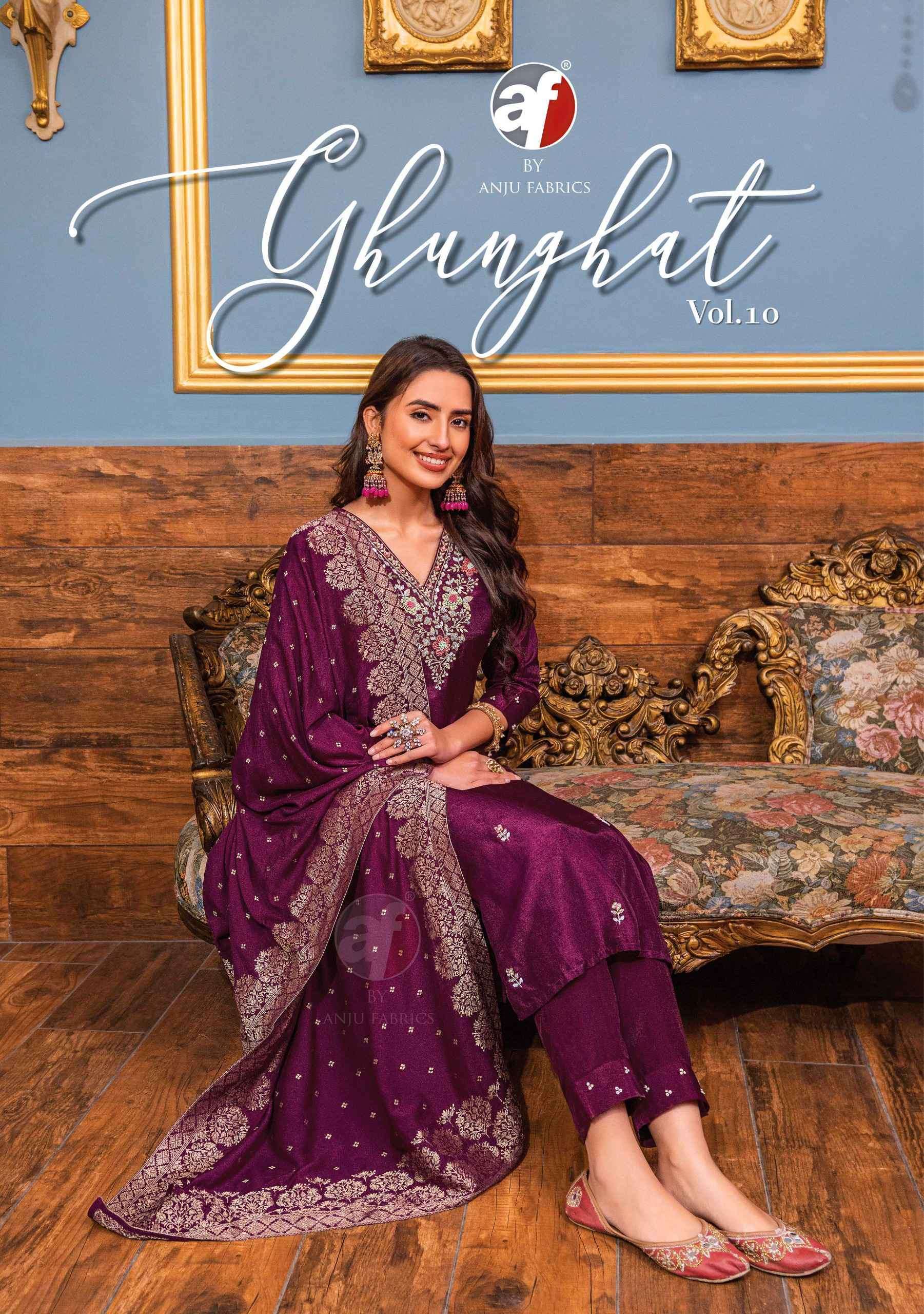 ANJU FABRICS GHUNGHAT VOL 10 PURE DOLA SILK PARTY WEAR READYMADE DRESS WHOLESALER 