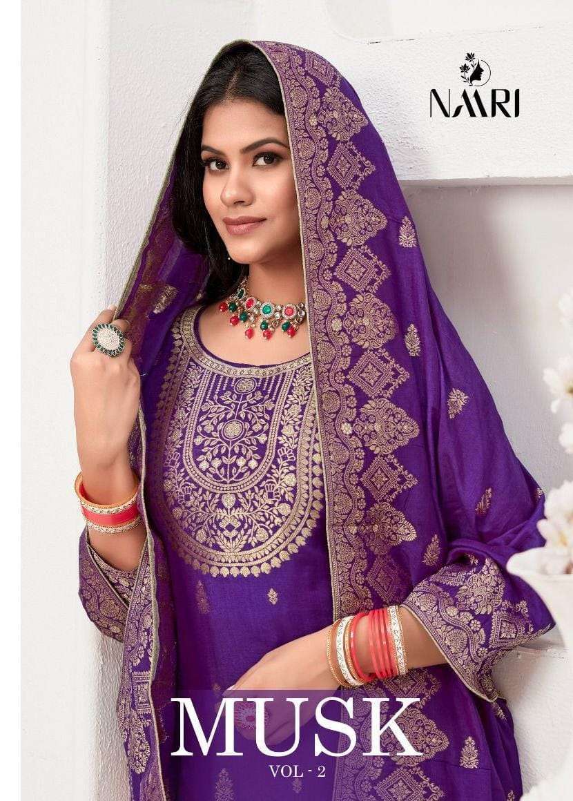 NARRI MUSK VOL 2 PURE MUSLIN JACQUARD DESIGNER PARTY WEAR LADIES SUIT WHOLESALER IN INDIA