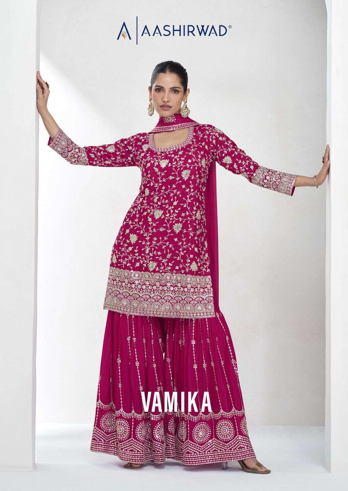 AASHIRWAD VAMIKA PREMIUM CHINON SILK HEAVY EMBRODERY WORK PARTY WEAR SHARARA SUIT DEALER 