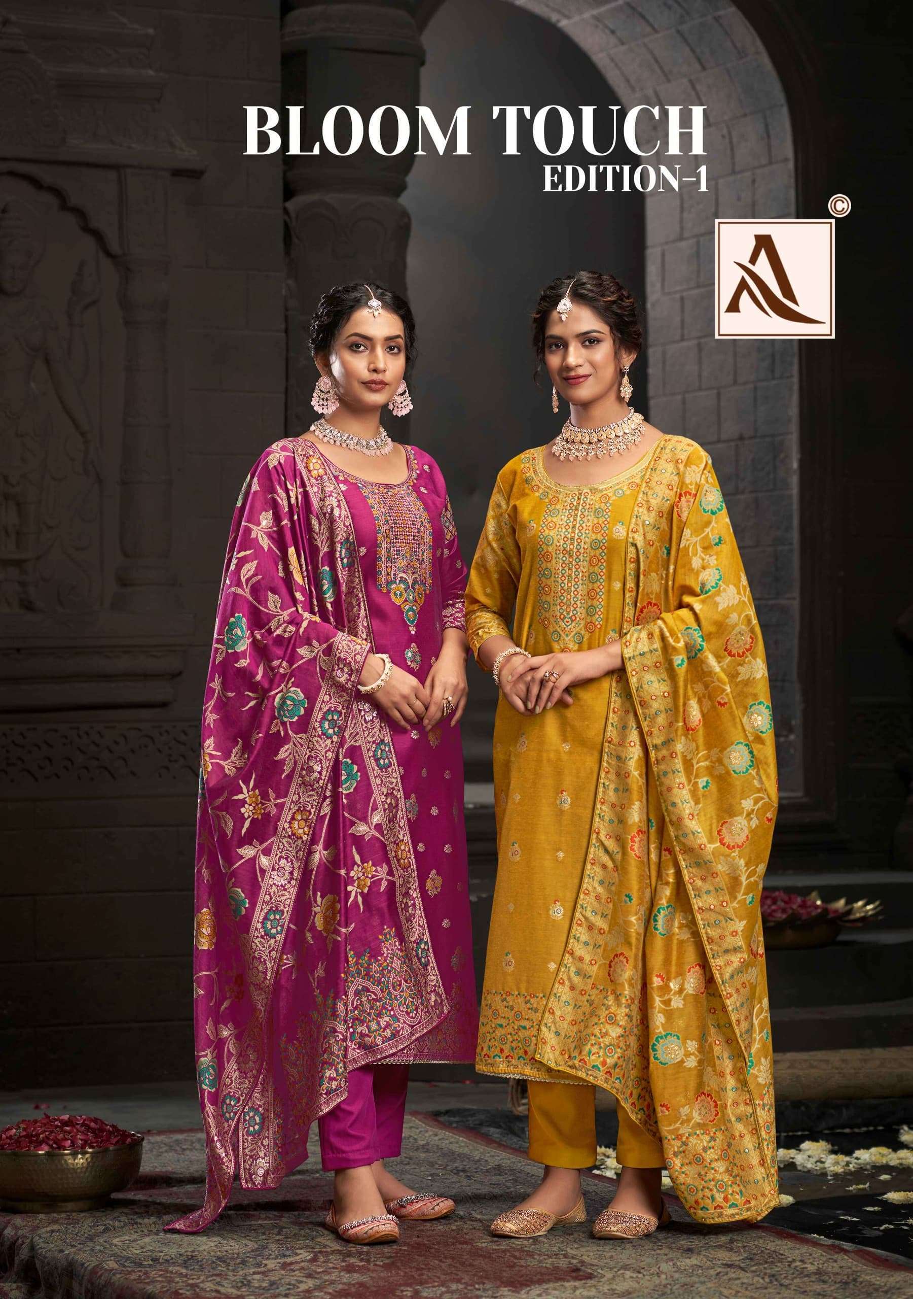 ALOK SUIT BLOOM TOUCH EDITION VOL 1 JACQUARD DESIGNER EMBRODERY WORK PARTY WEAR SUIT DEALER 