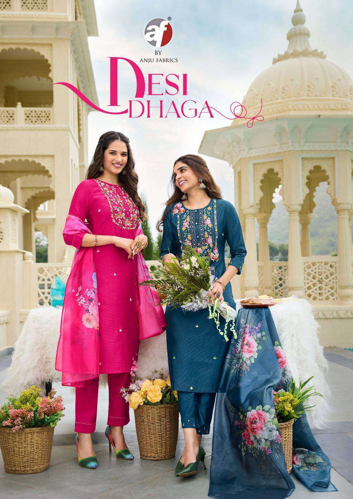ANJU FABRICS DESI DHAGA NAYLON VISCOSE FANCY EMBRODERY WORK THREE PCS DESIGNER KURTI EXPORTER