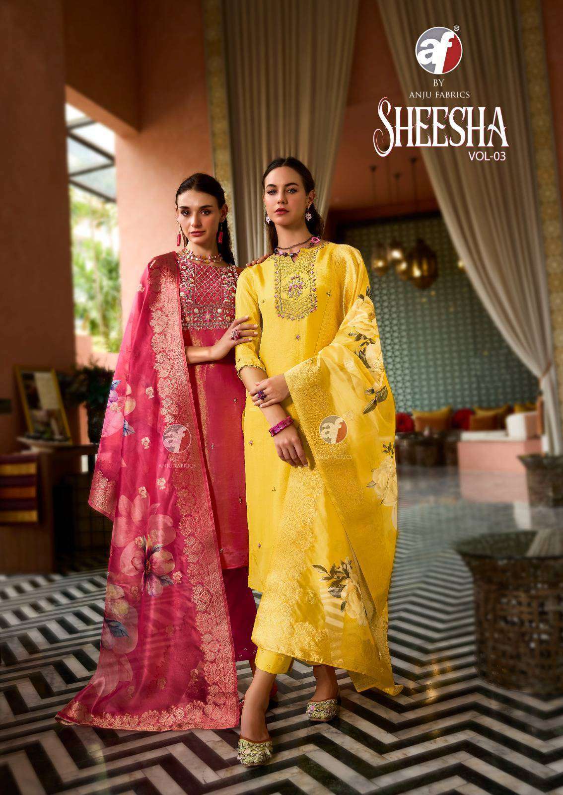 ANJU FABRICS SHEESHA VOL 3 PURE SILK FANCY EMBRODERY WORK THREE PCS DESIGNER KURTI DEALER 