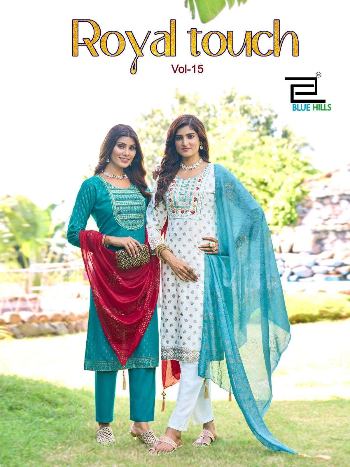 BLUE HILLS ROYAL TOUCH VOL 15 FANCY RAYON PRINTED  READYMADE SUIT WHOLESALER 
