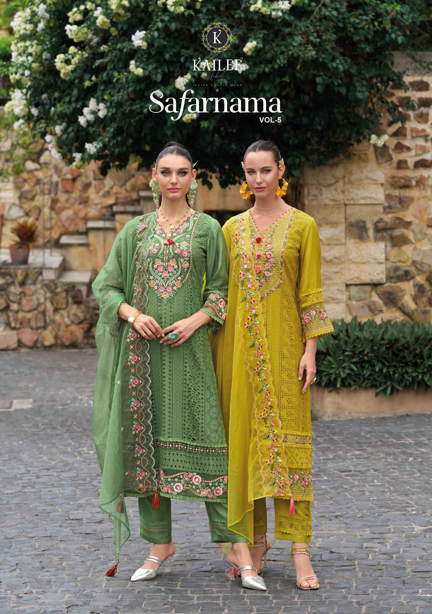 KAILEE SAFARNAMA VOL 5 PURE VISCOSE MUSLIN THREAD WORKED DESIGNER THREE PCS KURTI WHOLESALER