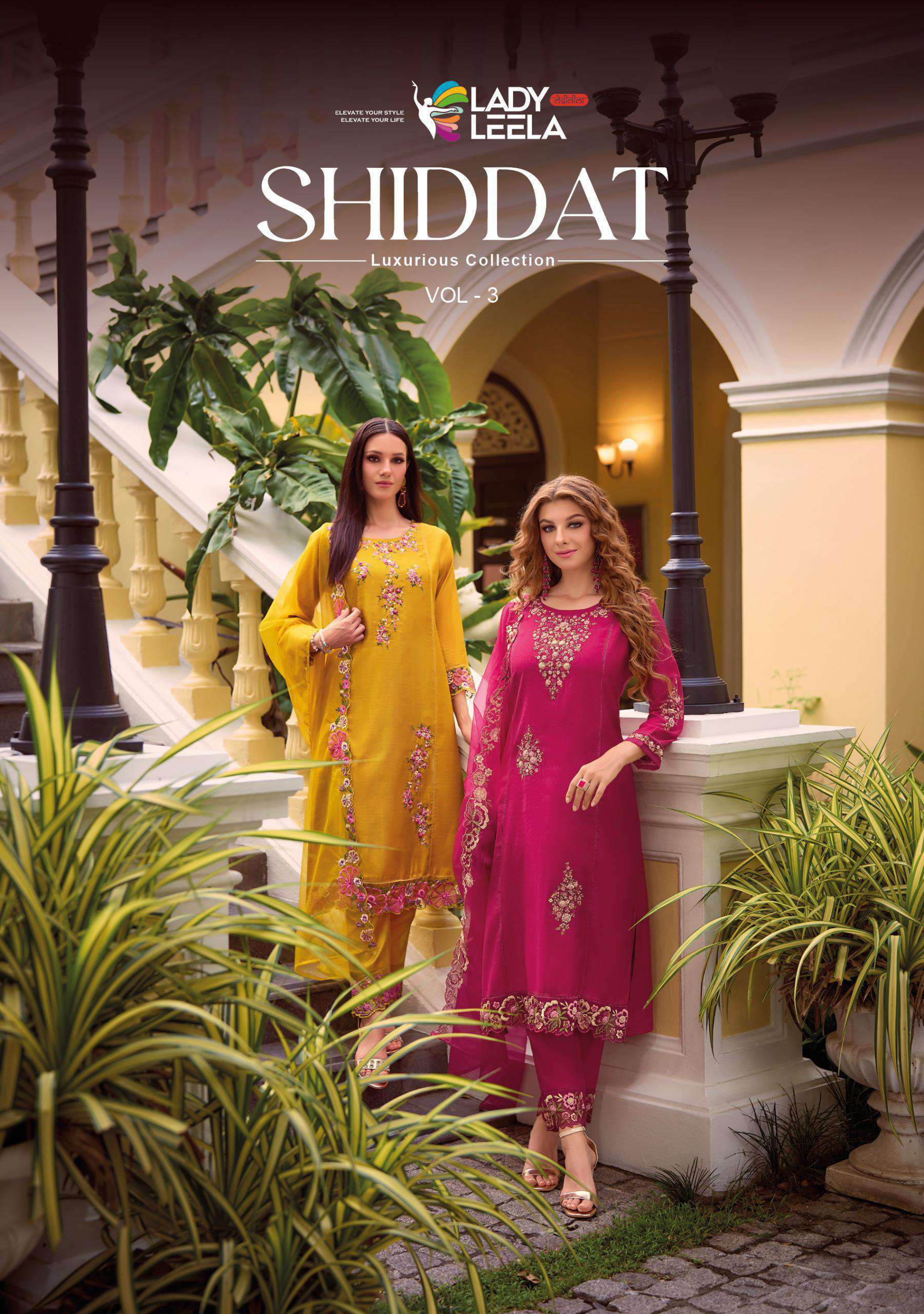 LADY LEELA SHIDDAT VOL 3 ORGANZA FANCY EMBRODERY WORK THREE PCS KURTI SET WHOLESALER