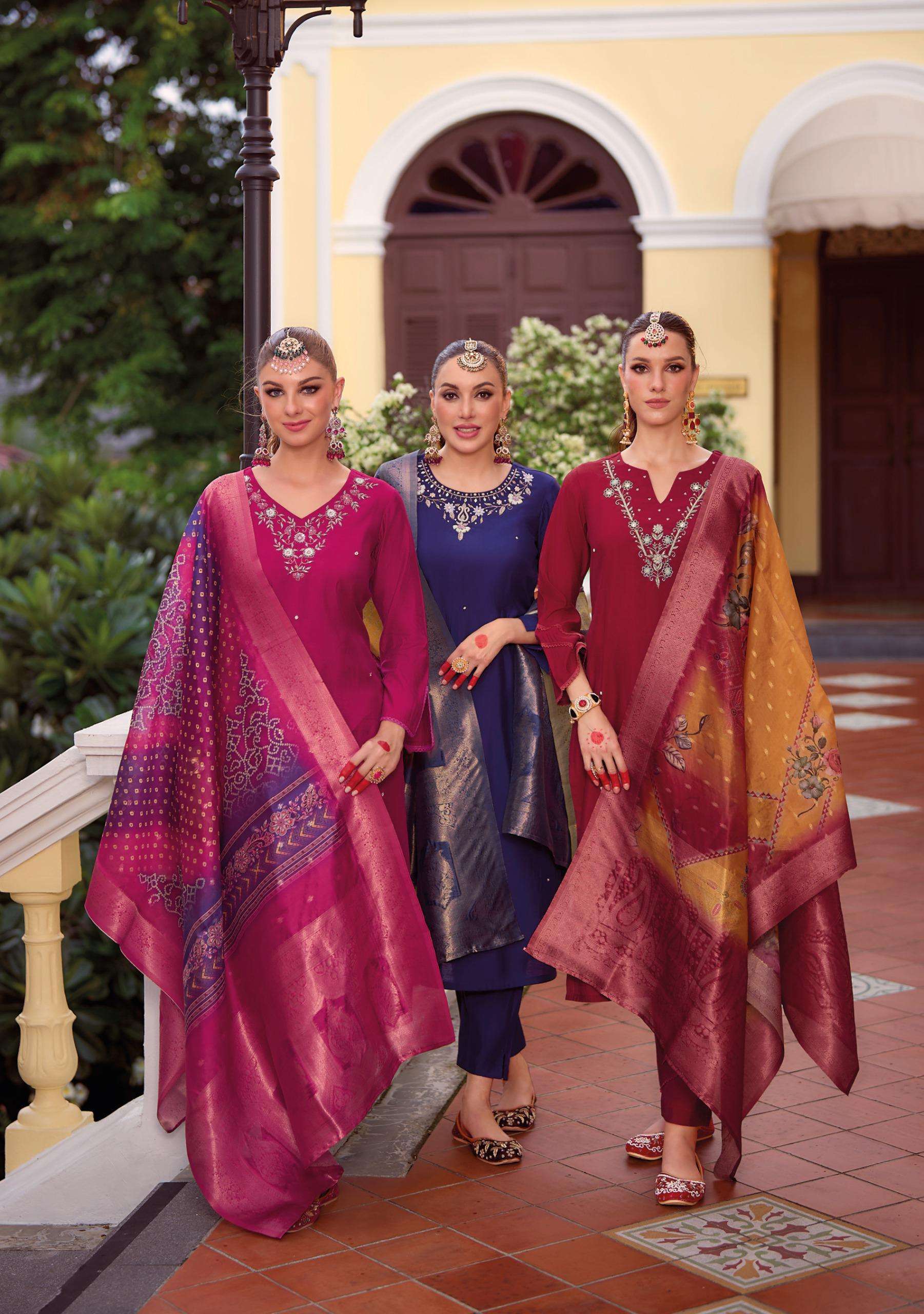 LADY LEELA SUHAGAN KARWA SPECIAL PURE VISCOSE HANDWORK THREE PCS KURTI WHOLESALER 