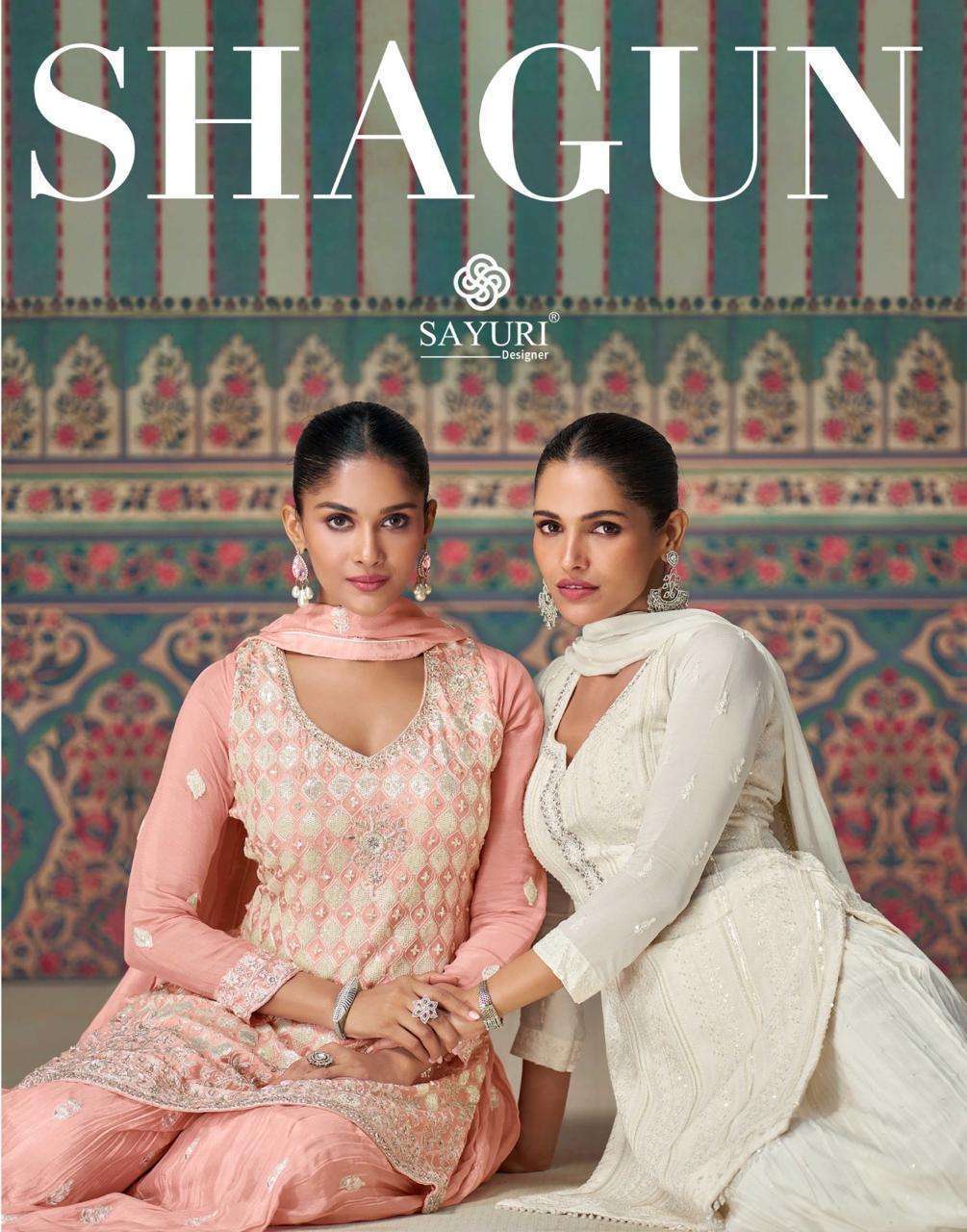 SAYURI DESIGNER SHAGUN 5617 TO 5619 REAL CHINON SILK FANCY EMBRODERY WORK PARTY WEAR READYMADE SUIT EXPORTER 