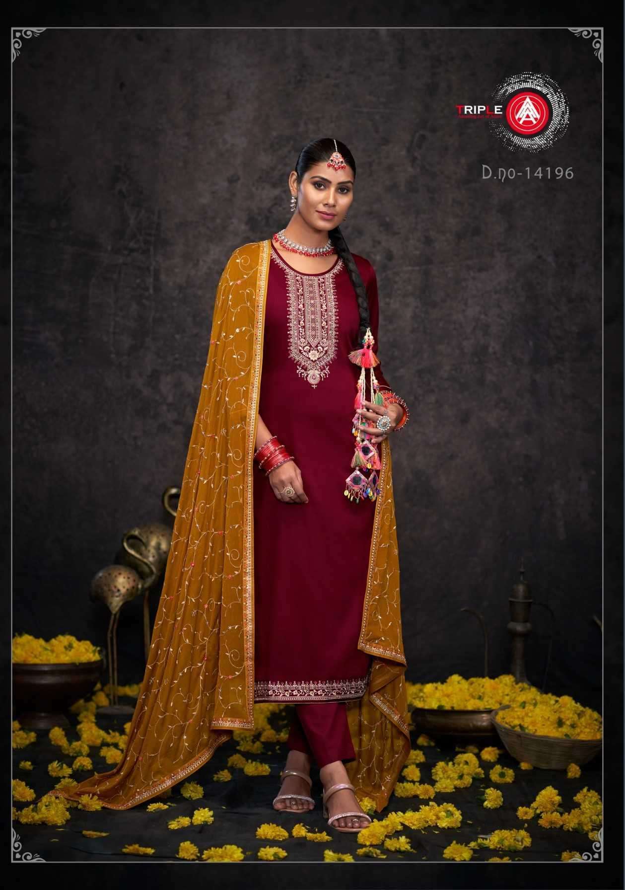 TRIPLE AAA KEERAT EDITION 8 JAM SILK DESIGNER EMBRODERY WORK FESTIVEL WEAR LADIES SUIT DEALER 