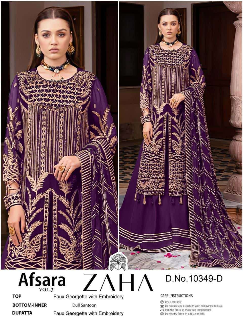 ZAHA AFSARA VOL 3 FAUX GEORGETTE WITH HEAVY EMBRODERY WORK PARTY WEAR PAKISTANI SUIT WHOLESALE RATE