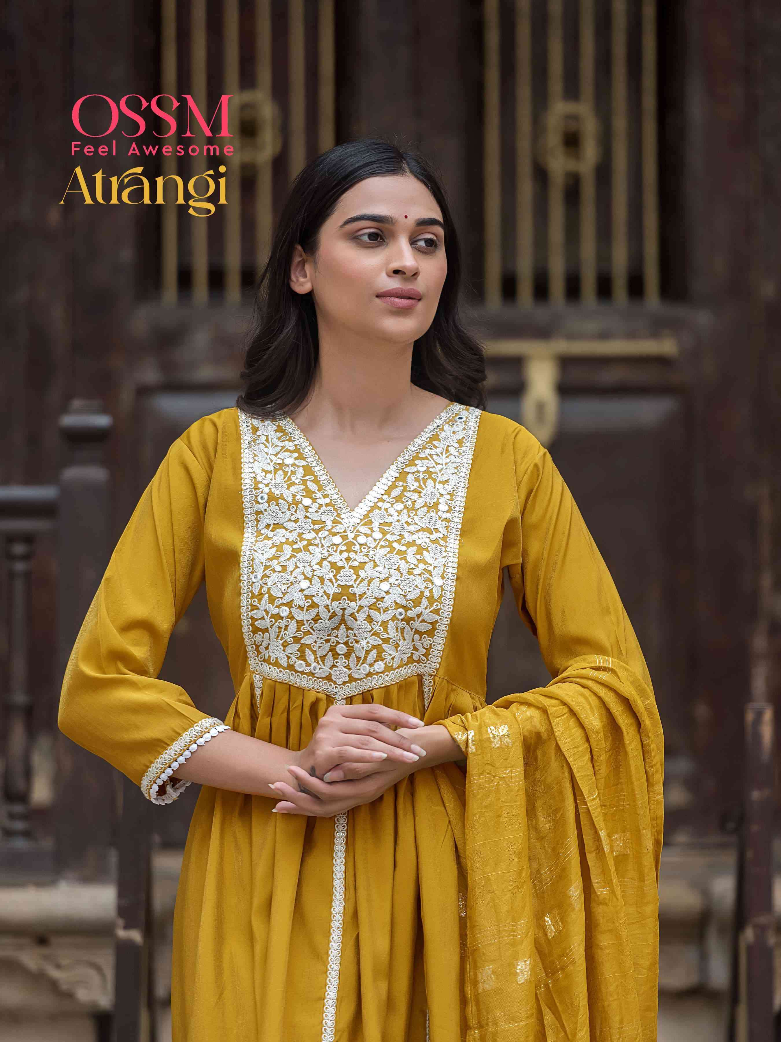 OSSM ATRANGI VISCOSE ROMAN SILK FANCY EMBRODERY WORK THREE PCS KURIT DEALER 