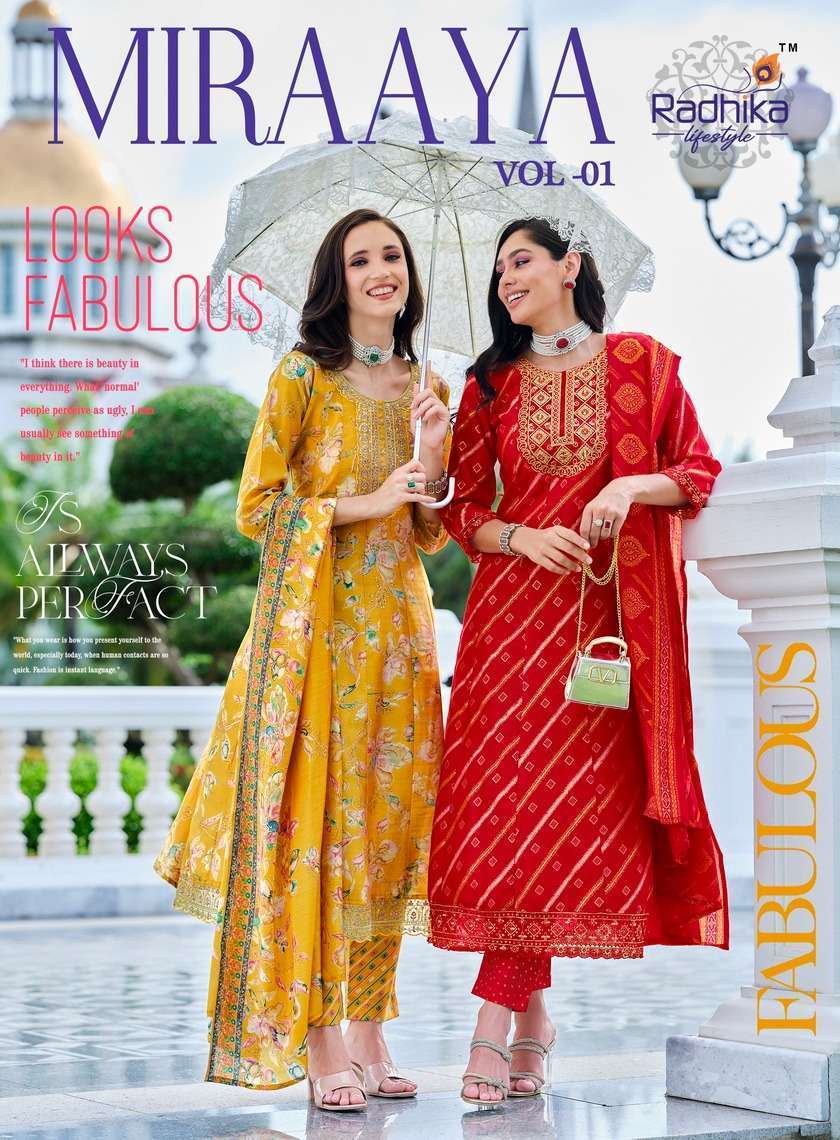 RADHIKA LIFESTYLE MIRAAYA VOL 1 FOIL PRINTED FESTIVEL WEAR LADIES THREE PCS KURTI DEALER 