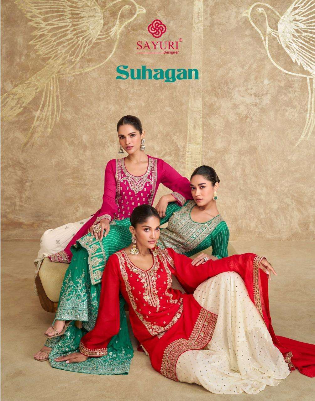 SAYURI DESIGNER SUHAGAN PREMIUM CHINON SILK DESIGNER EMBRODERY WORK SHARARA SUIT EXPORTER 