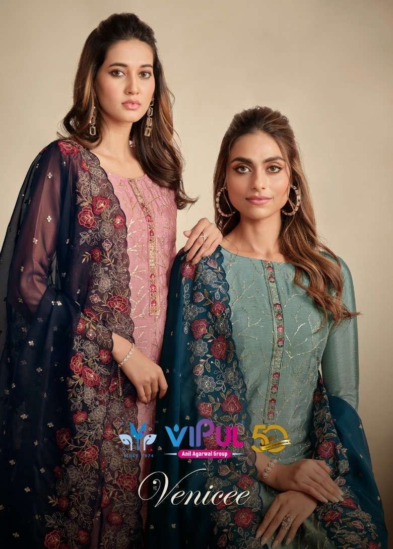 VIPUL FASHION VENICEE CHINON WITH EMBRODERY WORK PARTY WEAR DESIGNER SUIT WHOLESALER