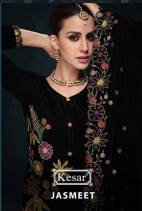 KARACHI PRINTS KESAR JASMEET DESIGNER EMBRODERY WORK PARTY WEAR VELVET SUIT EXPORTER 