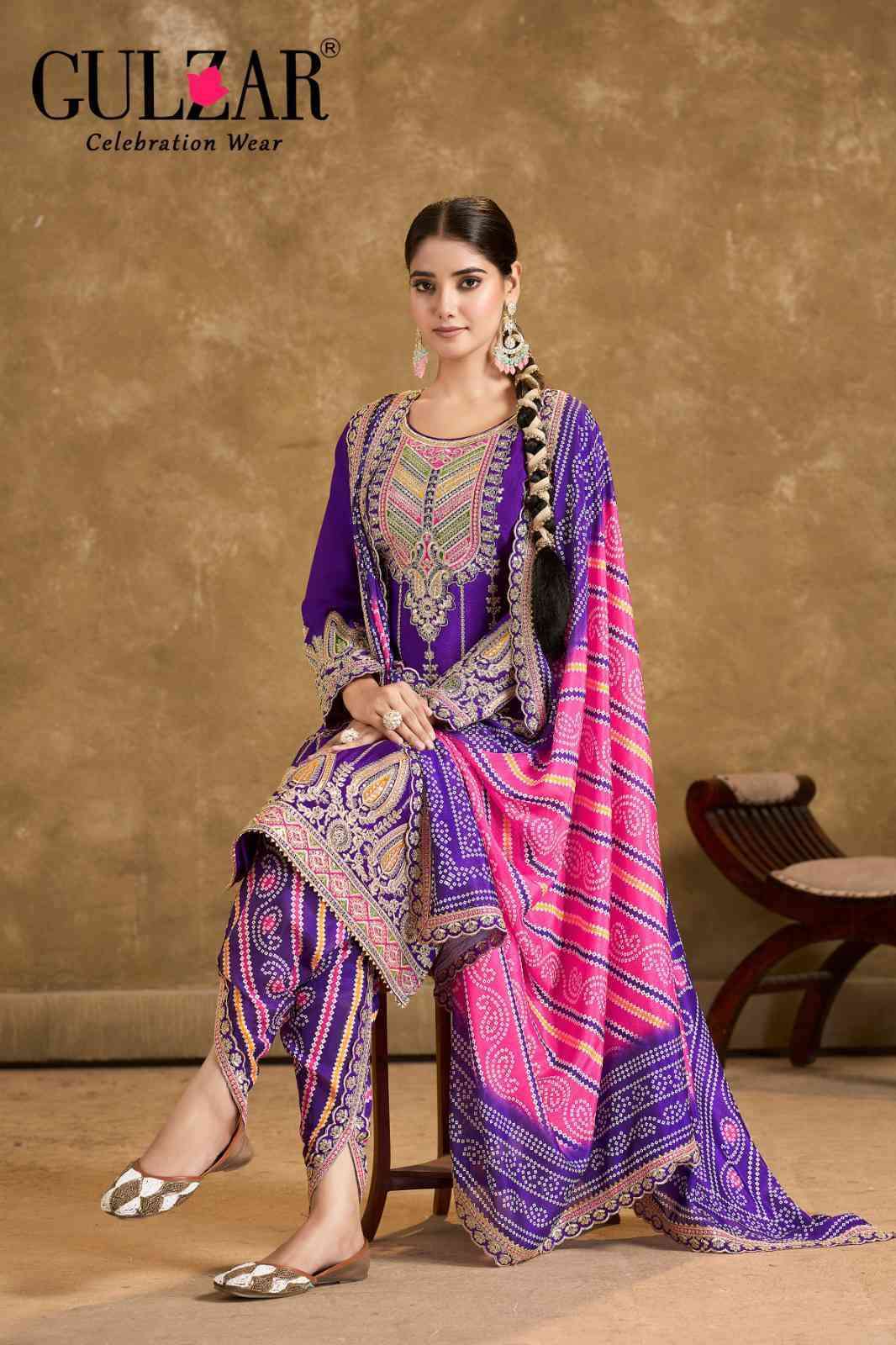 GULZAR PHOOLZARI VOL 2 PREMIUM CHINON HEAVY EMBRODERY WORK DHOTI STYLE SUIT WHOLESALER 