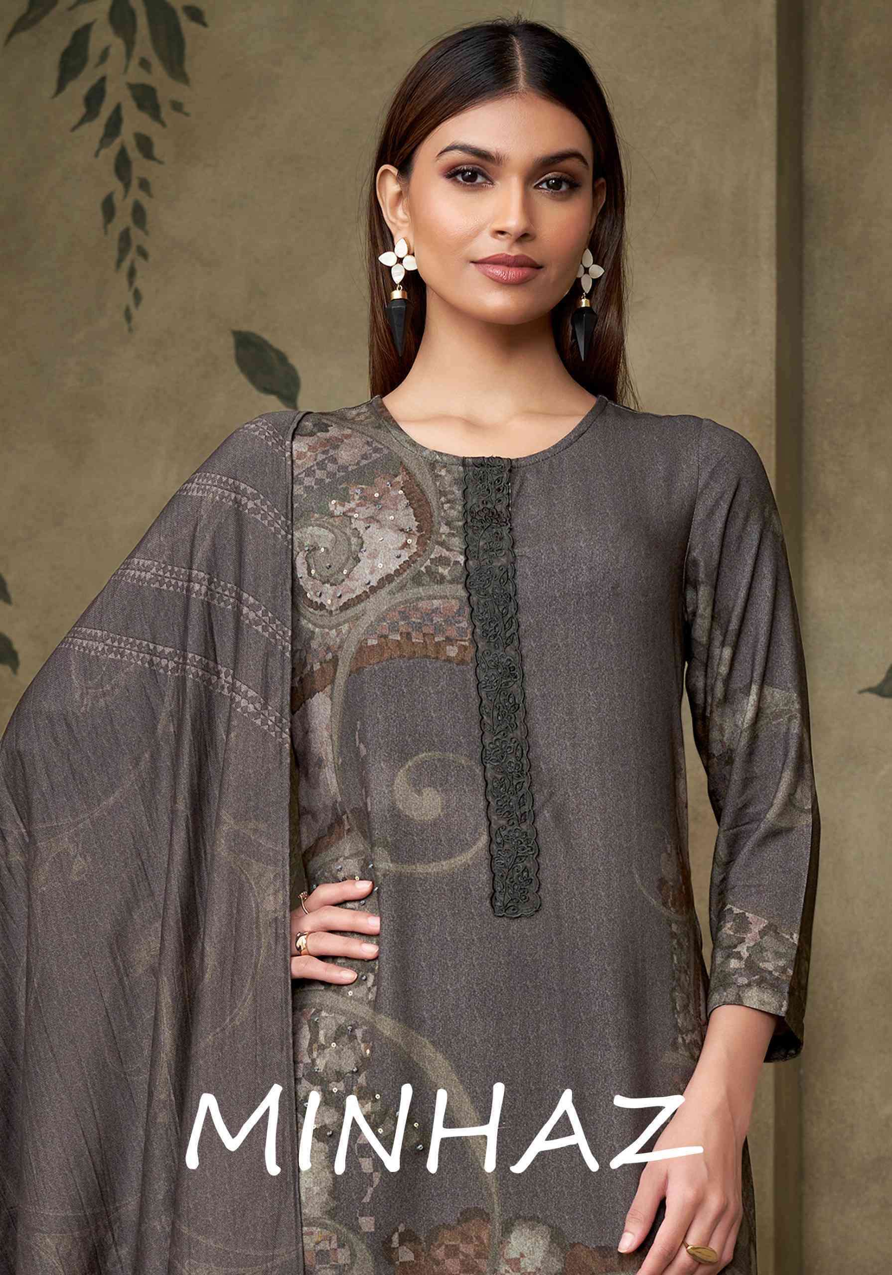 SAHIBA MINHAZ MUSLIN SILK DIGITAL PRINT WITH HANDWORKD DRESS MATERIAL BEST RATE