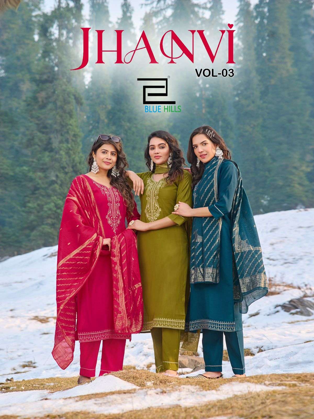 BLUE HILLS JHANVI VOL 3 ROMAN SILK DESIGNER THREE PCS KURTI WHOLESALER
