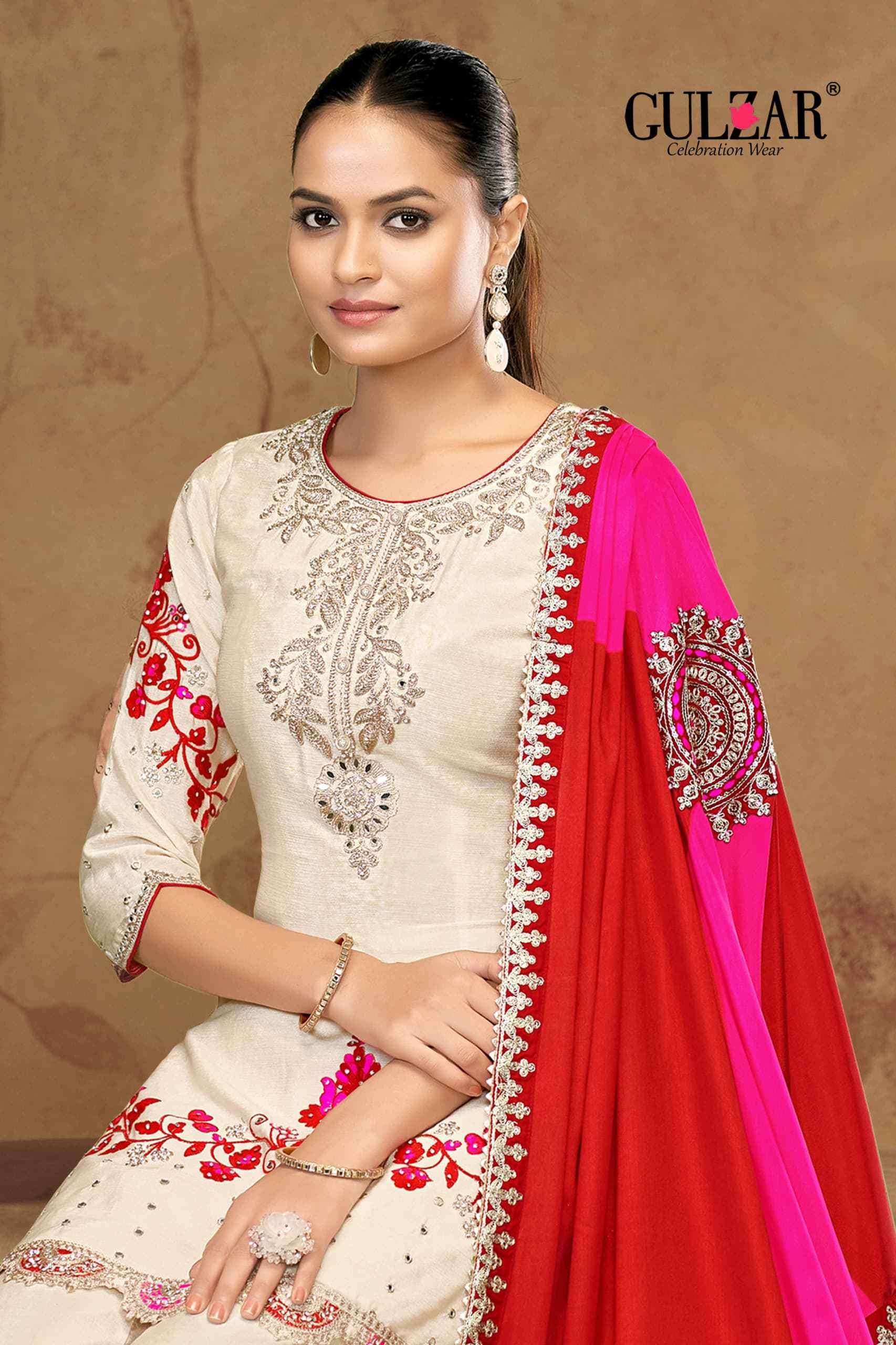 GULZAR HAZARIPHOOL FIBER CHINON DESIGNER PARTY WEAR SHARARA SUIT WHOLESALER