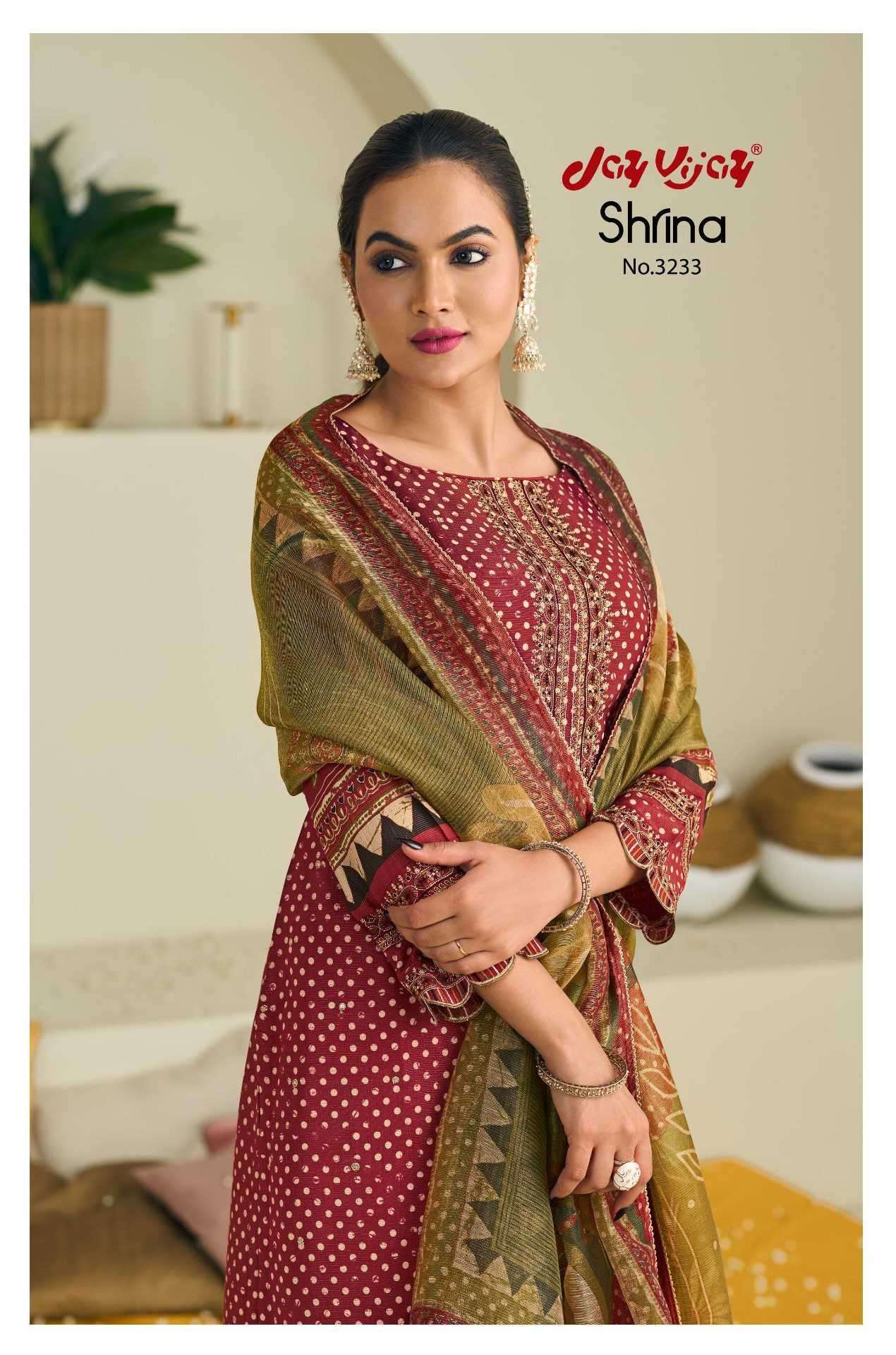 JAY VIJAY SHRINA 3233 FANCY MUSLIN SIMMER DESIGNER LADIES SUIT CATALOG WHOLESALE