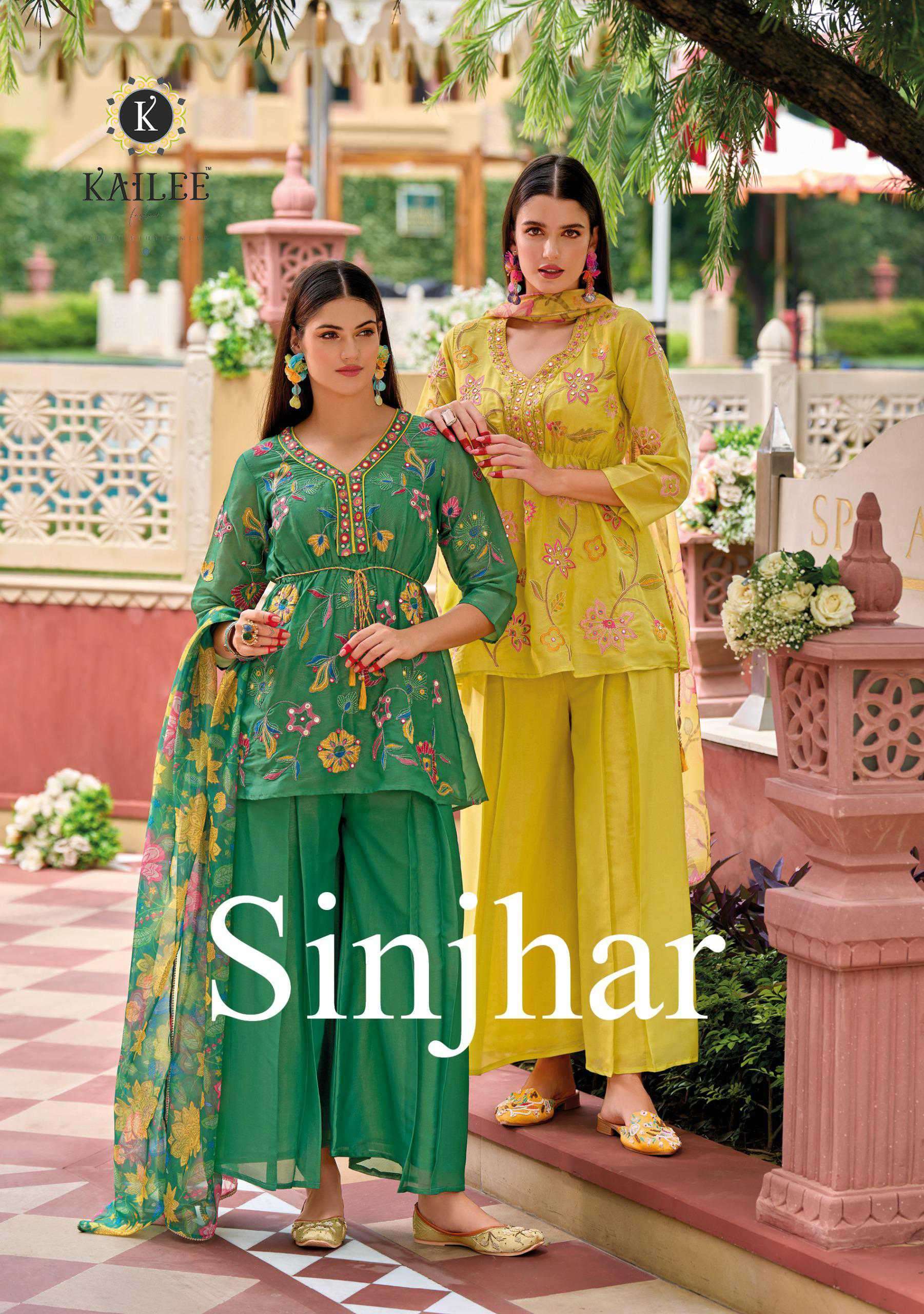 KAILEE SINJHAR  SHIMMER VISCOSE SILK DESIGNER THREE PCS KURTI SET CATALOG EXPORTER 