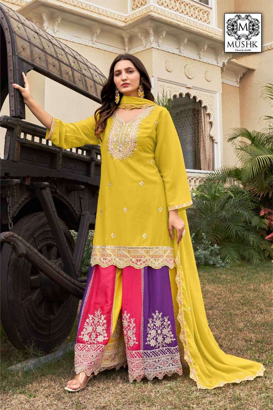 MUSHQ MR 1008 COLOURS ROMAN SILK PARTY WEAR READYMADE PAKISTANI SUIT WHOLESALER