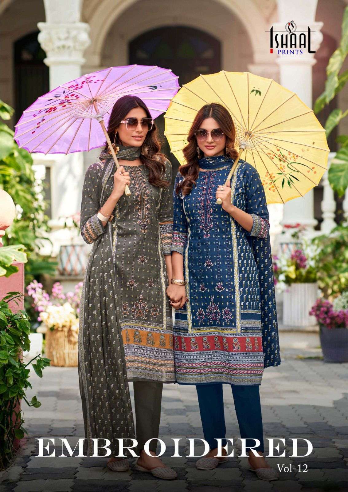 ISHAAL PRINT EMBROIDERED VOL 12  PURE LAWN COTTON PRINTED WITH EMBRODERY WORK DRESS MATERIAL