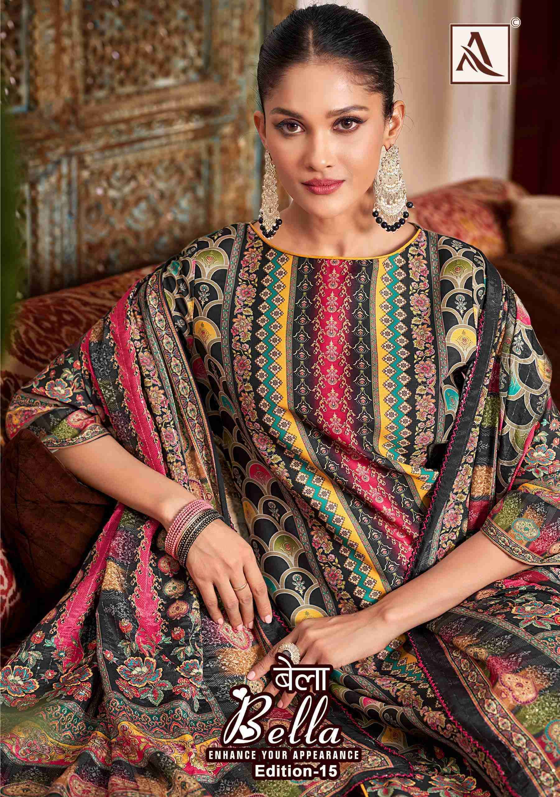 ALOK SUIT BELLA EDITION VOL-15  PURE MUSLIN DIGITAL PRINT WITH EMBRODERY WORK UNSTITCHED LADIES SUIT SUPPLIER