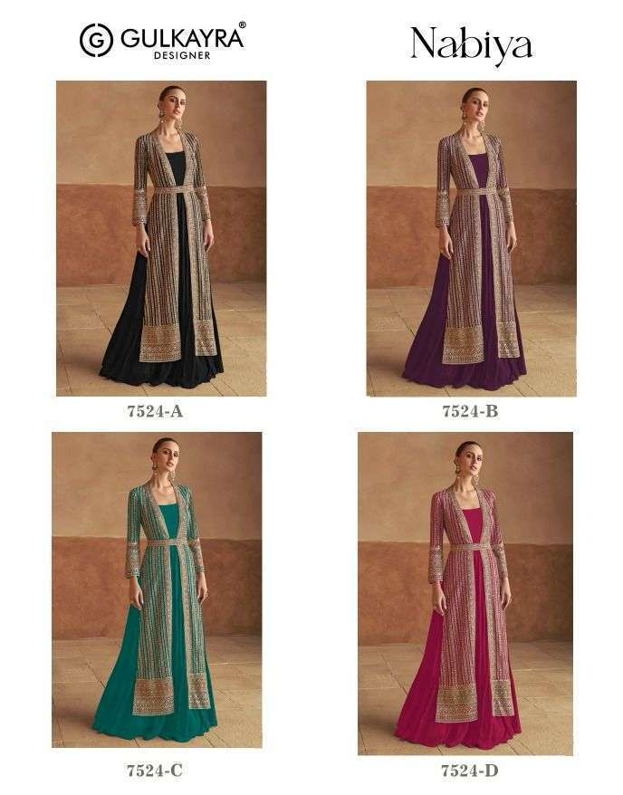 GULKAYRA DESIGNER NABIYA 7524 COLOURS INDO WESTERN PARTY WEAR SUIT EXPORTER 