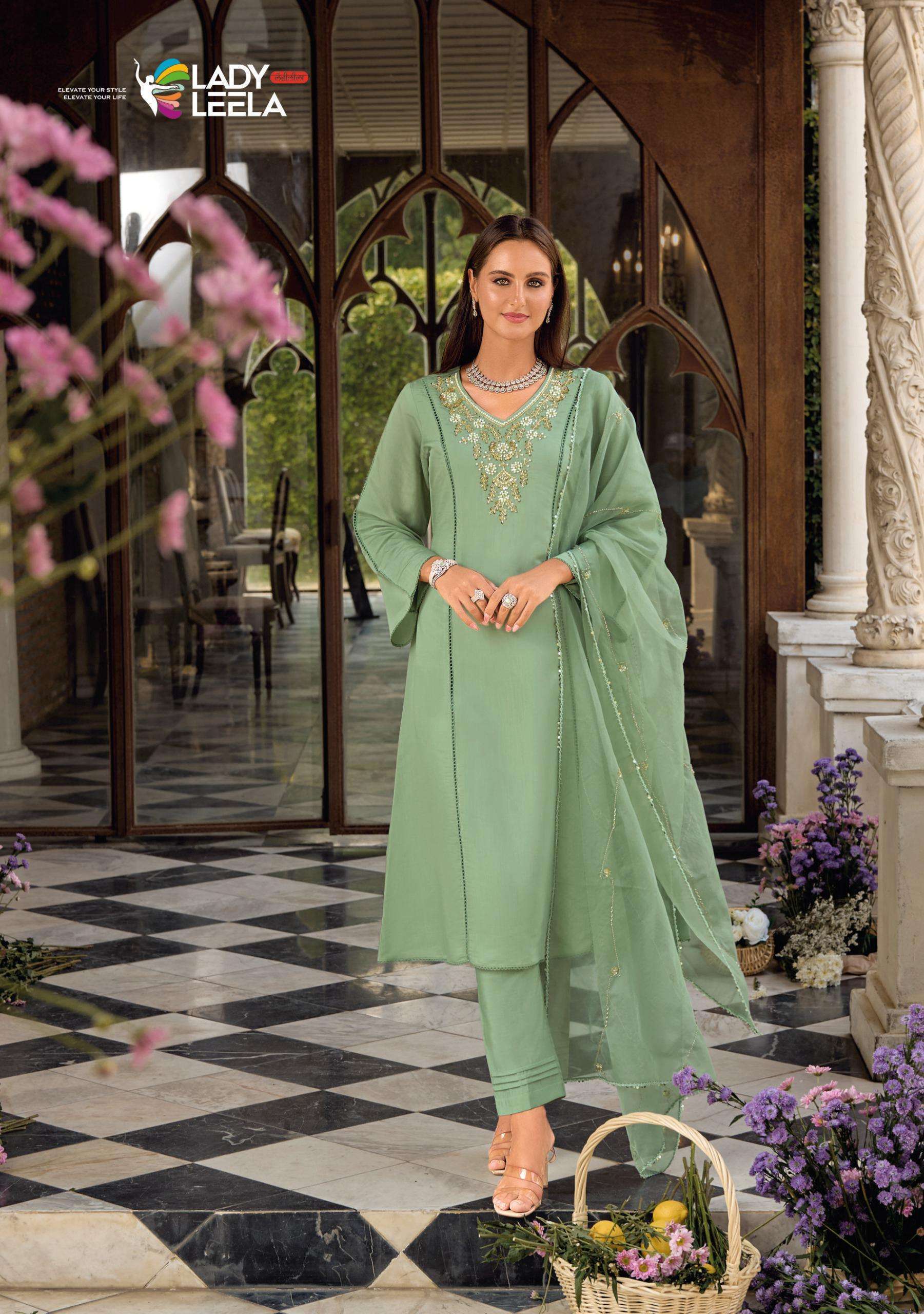 LADY LEELA RANGEEN  ORGANZA FANCY EMBRODERY WORK THREE PCS KURTI SET WHOLESALER