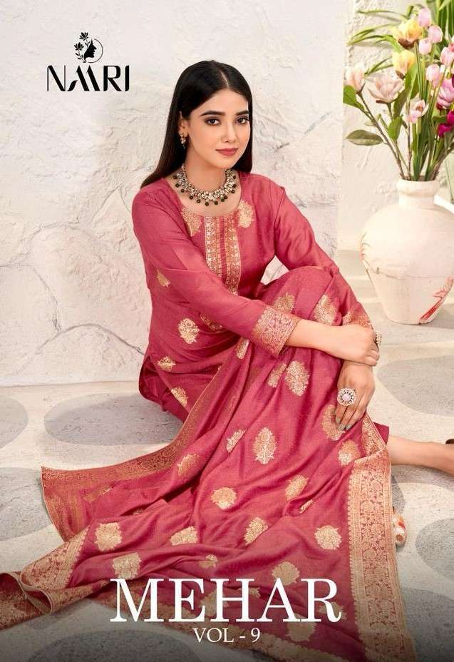 NAARI MEHAR VOL 9 PARTY WEAR MUSLIN JACQUARD SUIT DEALER IN SURAT 
