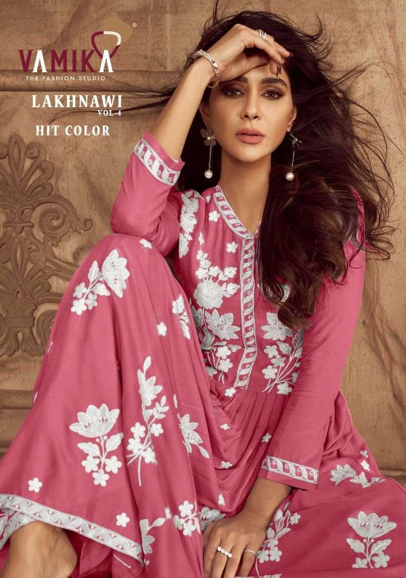 VAMIKA LAKHNAVI VOL 4 HIT COLOUR DESIGNER HEAVY RAYON WORK PALAZZO READYMADE SUIT WHOLESALER 
