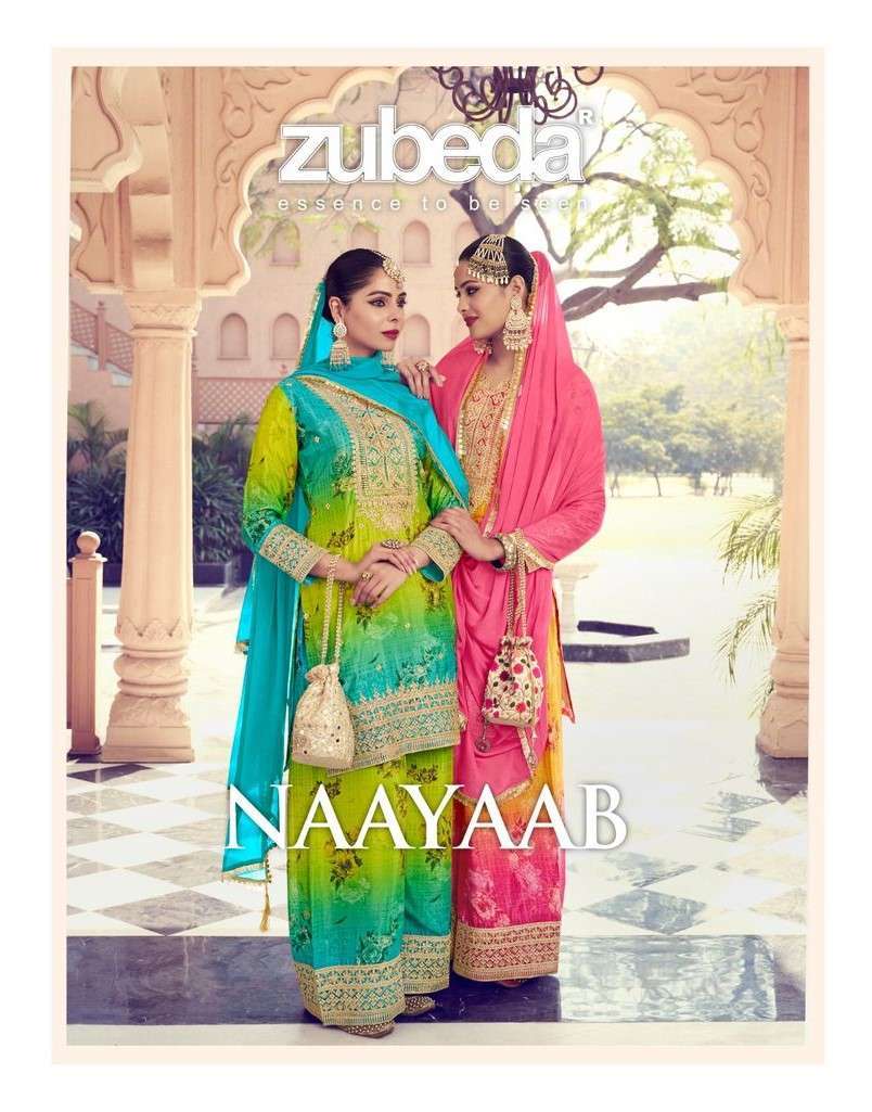 ZUBEDA DESIGNER NAAYAAB CHINON SILK PARTY WEAR PALAZZO SUIT EXPORTER 
