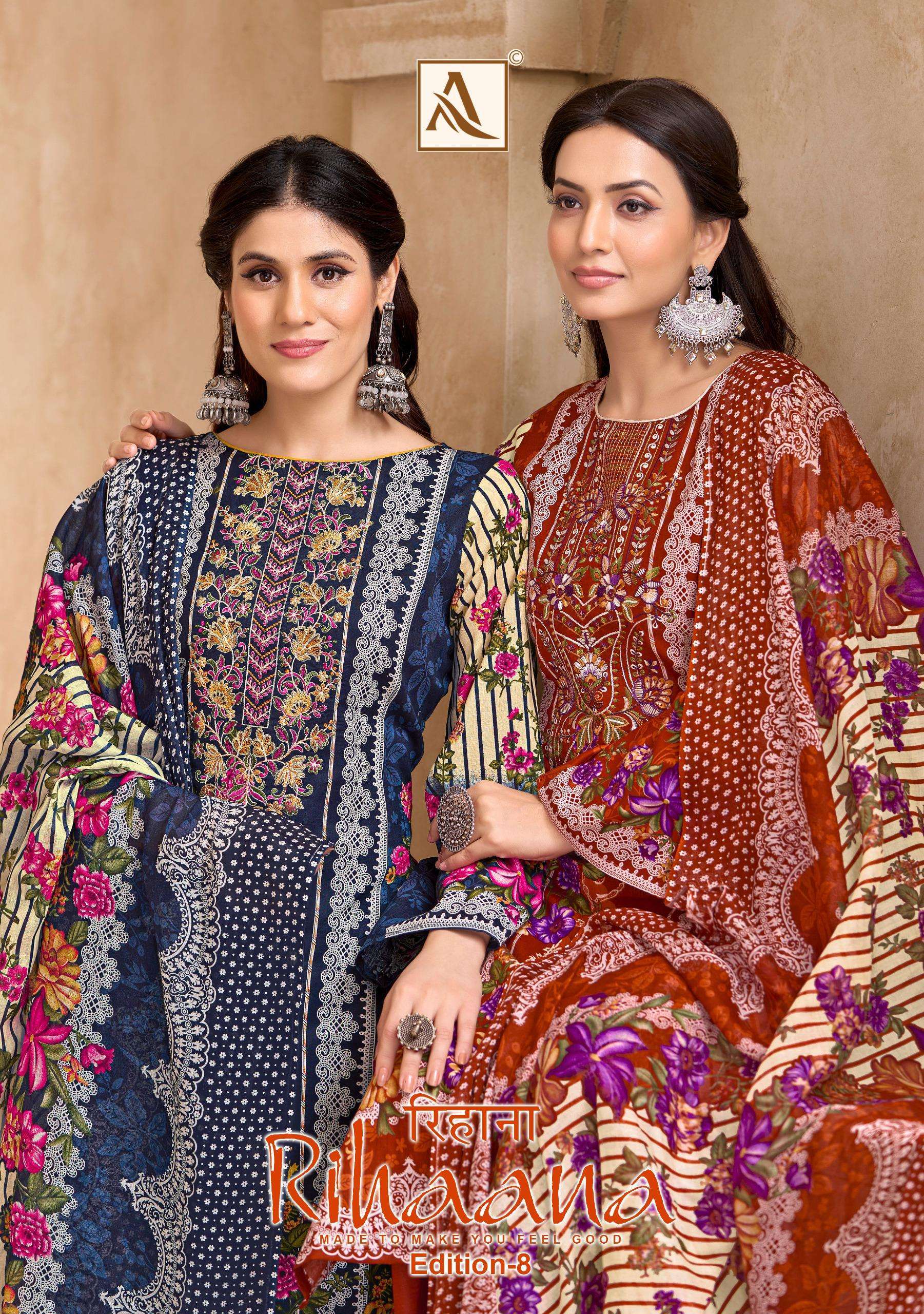 ALOK SUIT RIHAANA EDITION VOL 8 CAMRIC COTTON PAKISTANI PRINTED FANCY EMBRODERY WORK LADIES SUIT WHOLESALER 