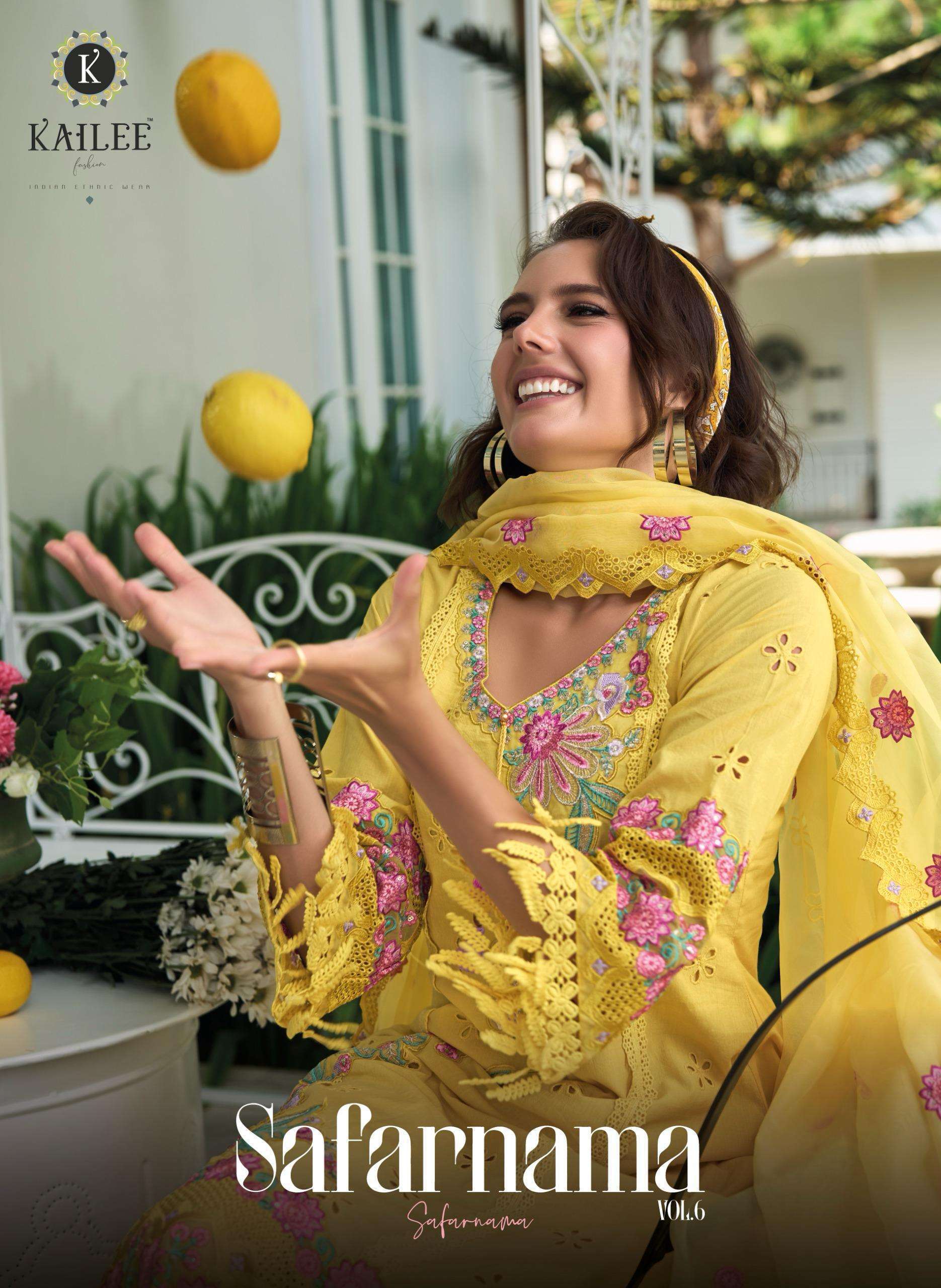 KAILEE SAFARNAMA VOL-6  PURE VISCOSE MUSLIN THREAD WORKED DESIGNER THREE PCS KURTI WHOLESALER