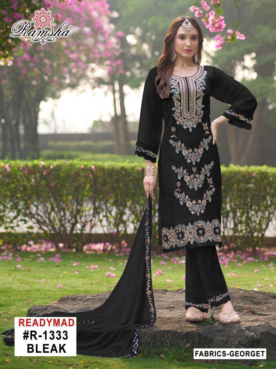 RAMSHA R 1333 NX GEORGETTE EMBRODERY WORK PAKISTANI READYMADE SUIT WHOLESALER 