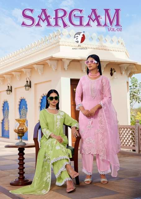 ANJU FABRICS SARGAM VOL 2 MUSLIN EMBRODERY WORK KURTI WITH BOTTOM AND DUPPTA COLLECTION SUPPLIE 
