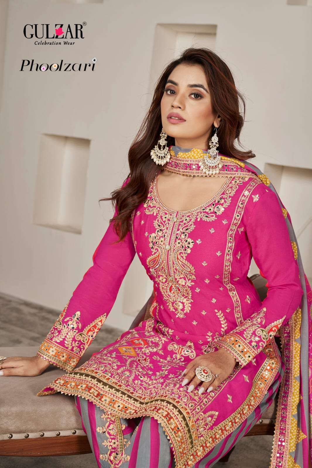 GULZAR PHOOLZARI  PREMIUM CHINON HEAVY EMBRODERY WORK DHOTI STYLE SUIT WHOLESALER 
