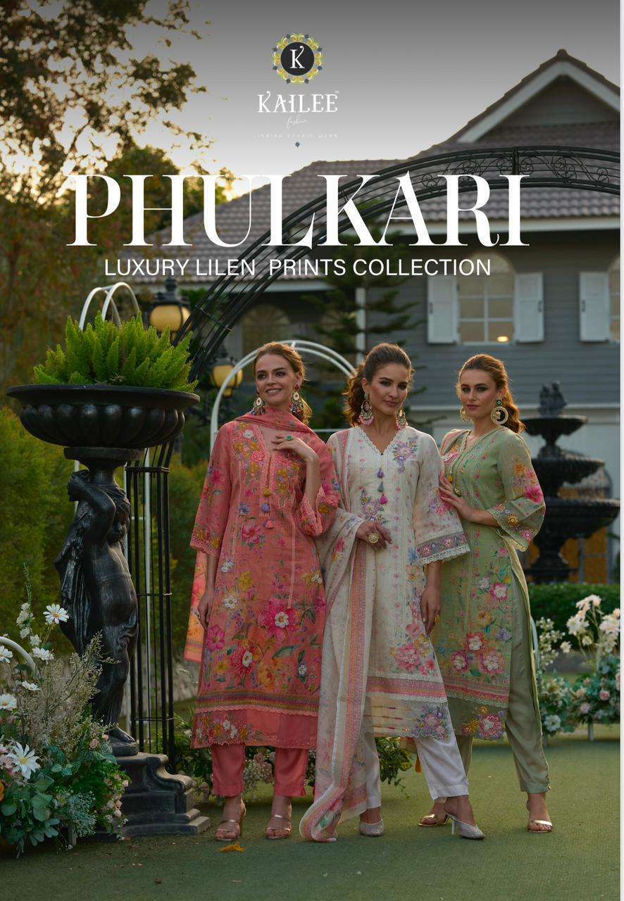 KAILEE FASHION PHULKARI  PURE LINEN DESIGNER KURTI WITH BOTTOM AND DUPATTA COLLECTION
