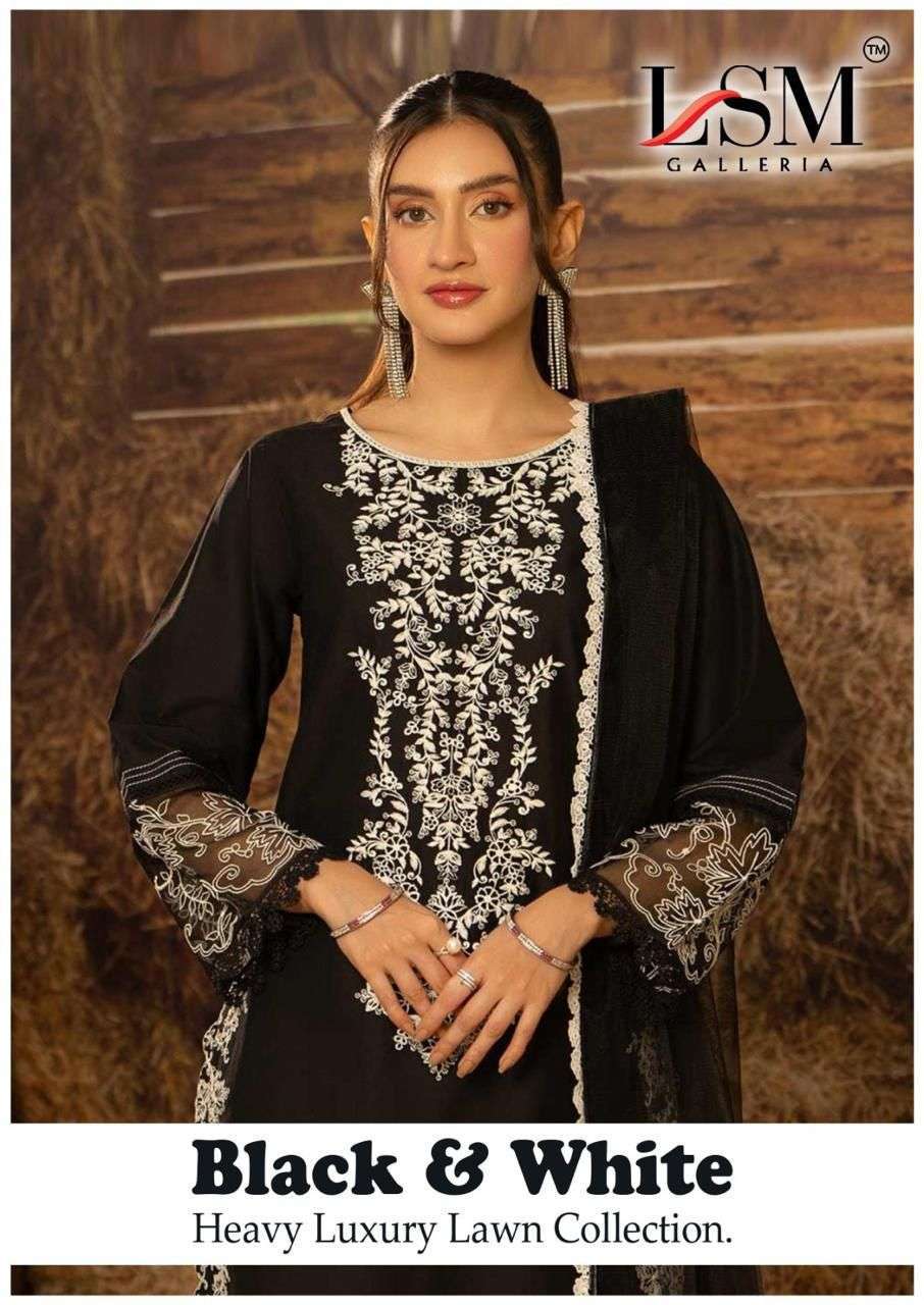 LSM GALLERIA BLACK AND WHITE  LAWN PRINTED PAKISTANI DRESS MATERIAL SUPPLIER 