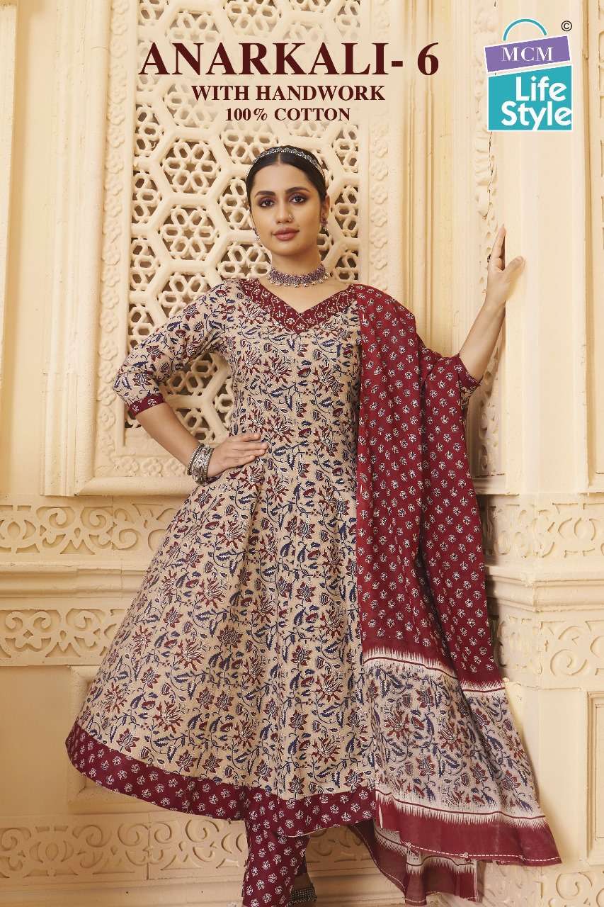 MCM LIFESTYLE ANARKALI VOL 6 FANCY COTTON PRINTED READYMADE THREE PCS SUIT WHOLESALER 