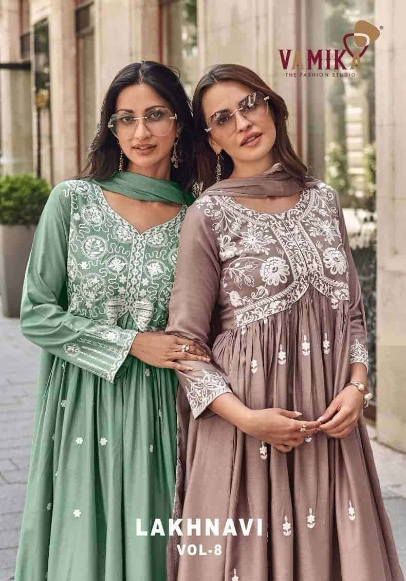 VAMIKA LAKHNAVI VOL-8 DESIGNER HEAVY RAYON WORK PALAZZO READYMADE SUIT WHOLESALER 