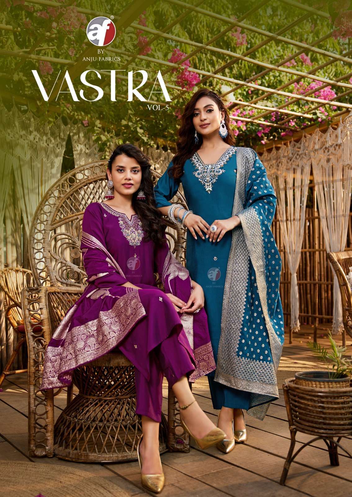ANJU FABRIC VASTRA VOL-5 ROMAN SILK DESIGNER HANDWORK KURTI COMBO SET SUPPLIER 
