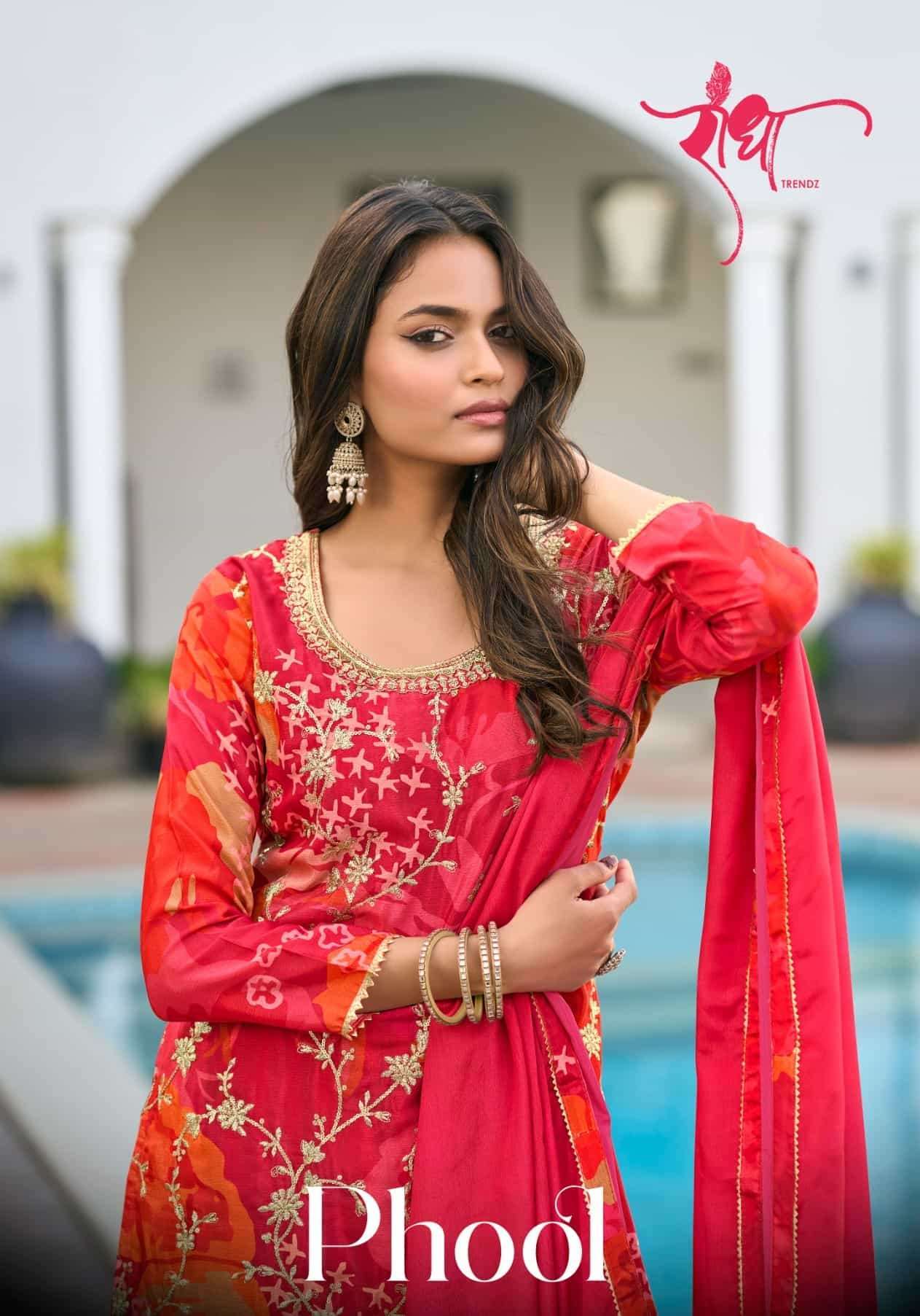 RADHA TRENDZ PHOOL PREMIUM CHINON PARTY WEAR READYMADE SET WHOLESALE RATE