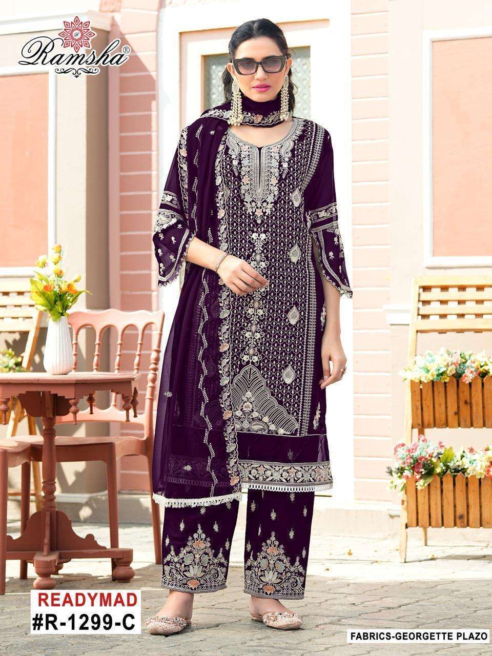 RAMSHA R 1299 NX GEORGETTE HEAVY EMBRODERY WORK READYMADE PAKISTANI SUIT WHOLESALER 