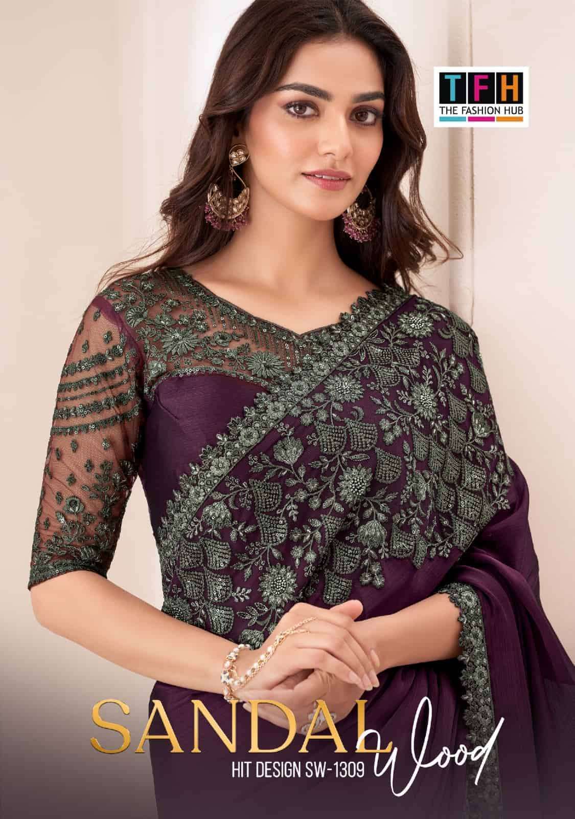 TFH SANDALWOOD 12 EDITION 1201 TO 1208 PARTY WEAR SILK SAREE WHOLESALER IN SURAT